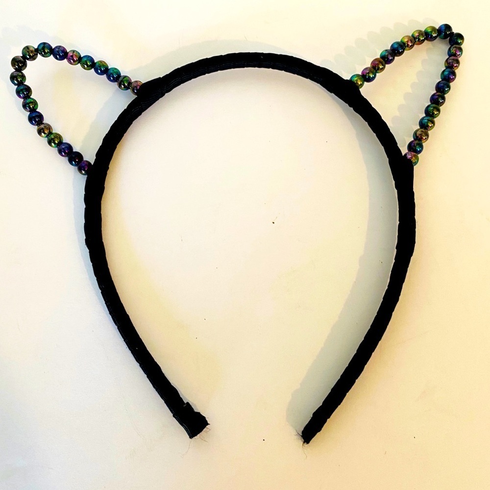 Beaded Cat Ears Black Ribbon Wrap Headband